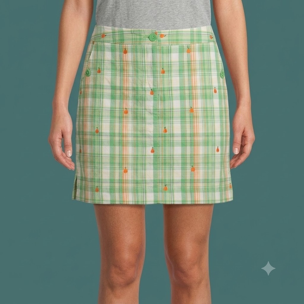 IZOD Golf Skort Women 2 Green White Plaid Embroidered Pears Active Sporty Preppy